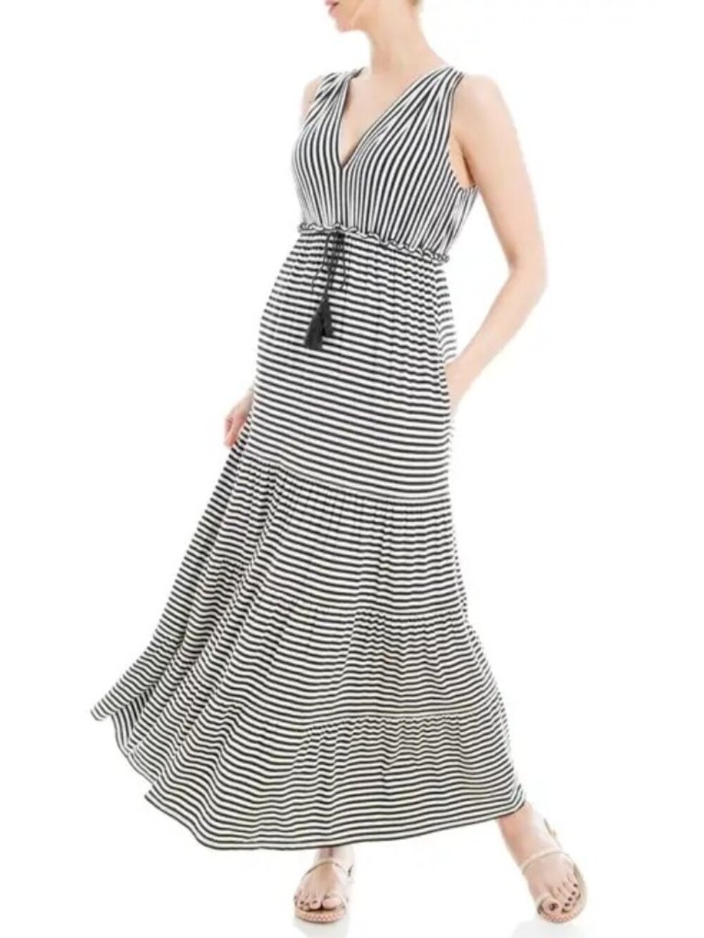 Max Studio Stripe Tiered Maxi Dress Large Black White New Nordstrom Sold Out